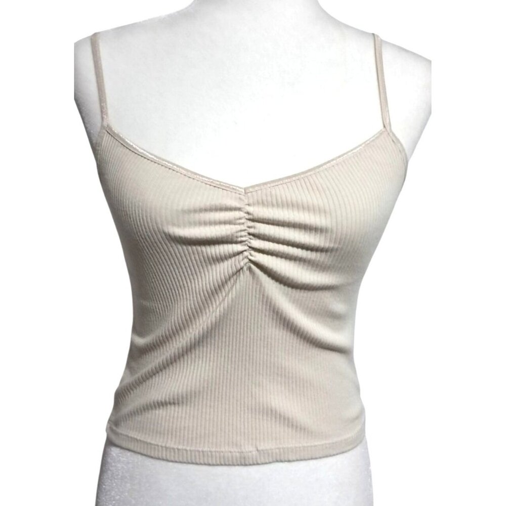 American Eagle Aerie Beige Ribbed Ruched Spaghetti Strap Crop Tank Top Size M